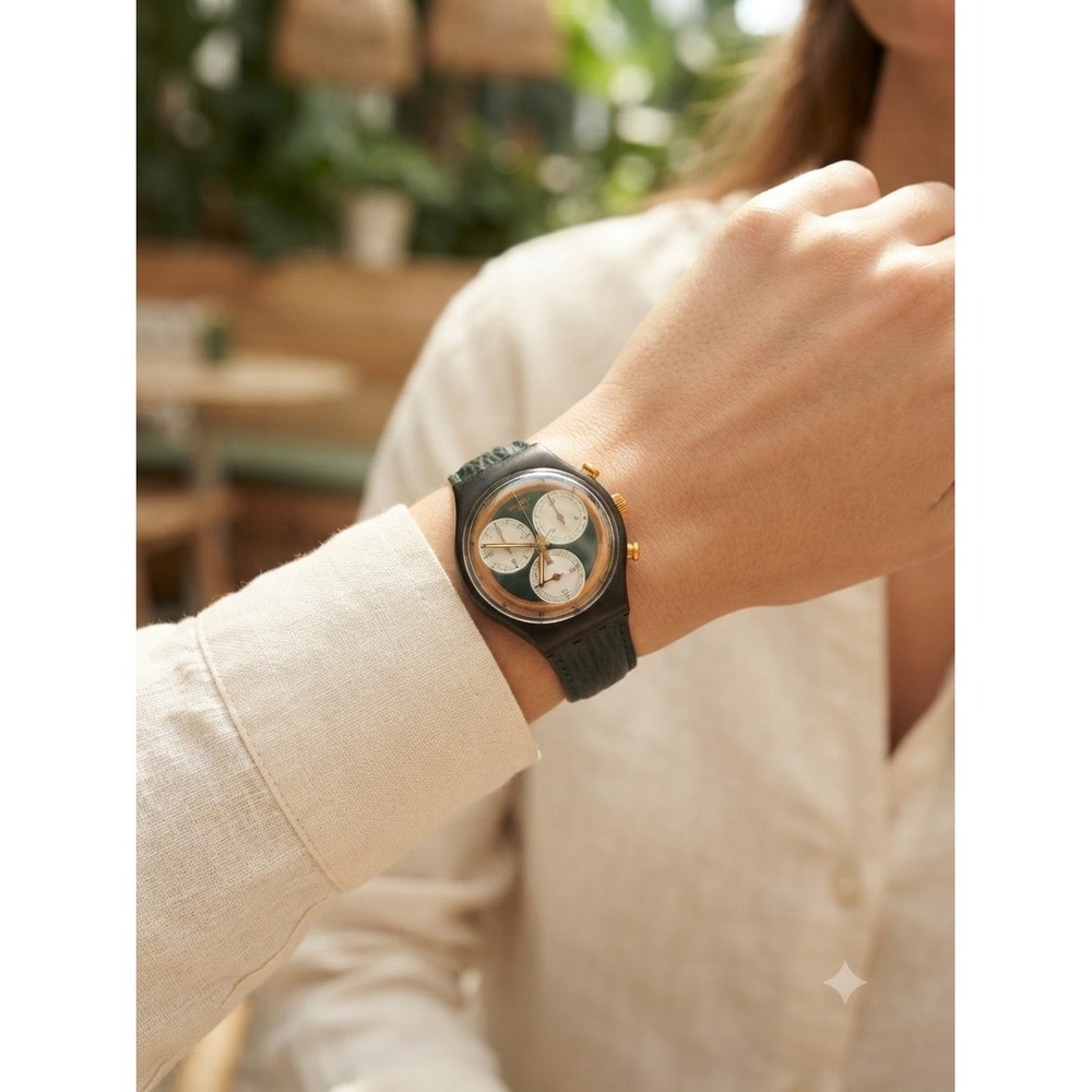Vintage Swatch Chrono Watch Green Gold Tone Case Swiss Made Quartz New Old Stock